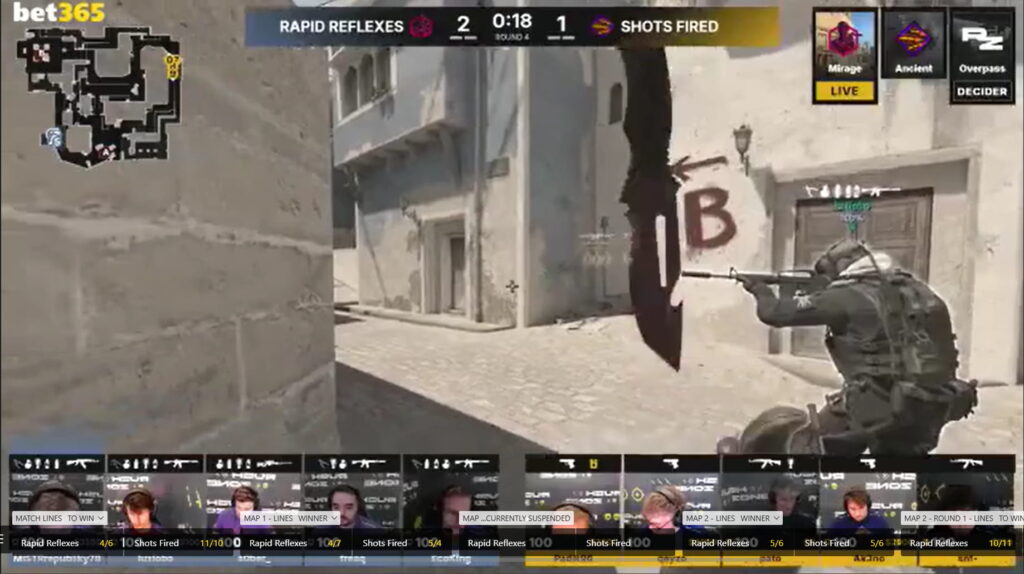 Counter-Strike 2 live match between Rapid Reflexes and Shots Fired shown on Bet365 during an esports betting session