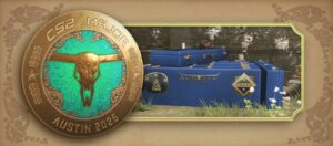 CS2 Major Austin 2025 commemorative coin next to blue in-game cases