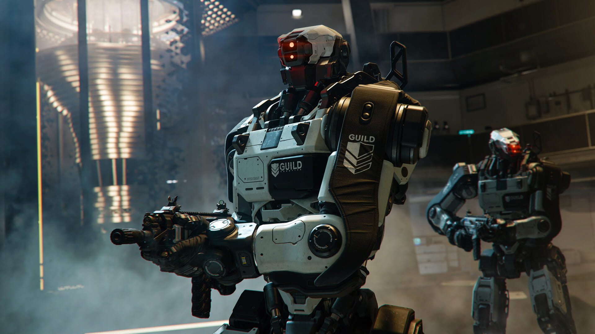 Futuristic combat robots from Call of Duty: Black Ops 7 in a high-tech facility filled with smoke and neon lighting