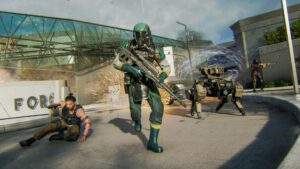 Soldiers and combat drones fight amid explosions in a futuristic city during a Black Ops 7 multiplayer battle
