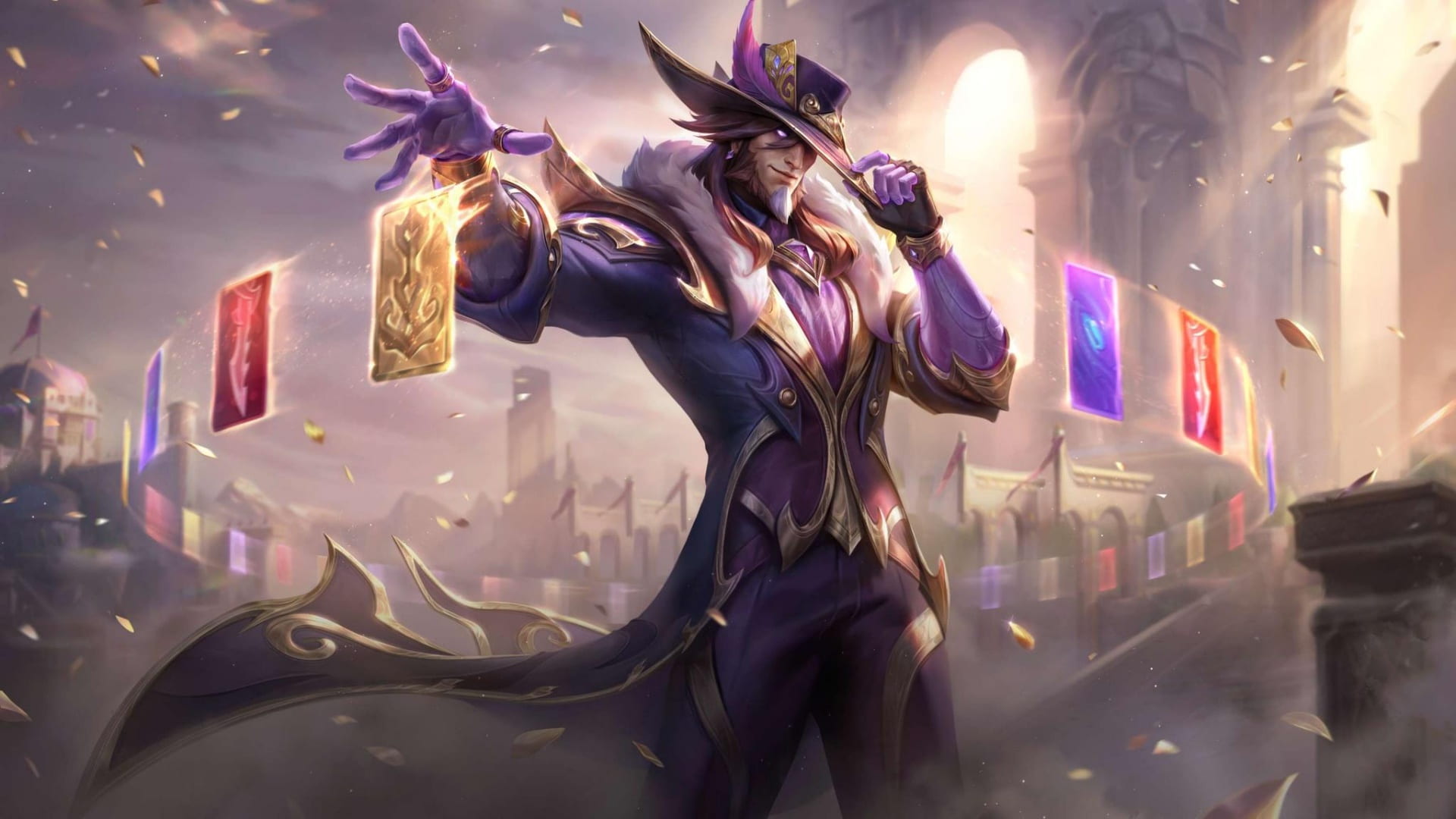 Twisted Fate skin artwork in League of Legends with glowing cards floating in the air