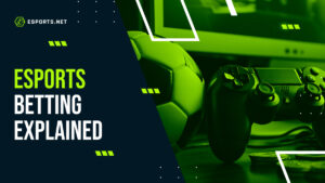 Promotional banner showing a controller and soccer ball with text explaining esports betting basics