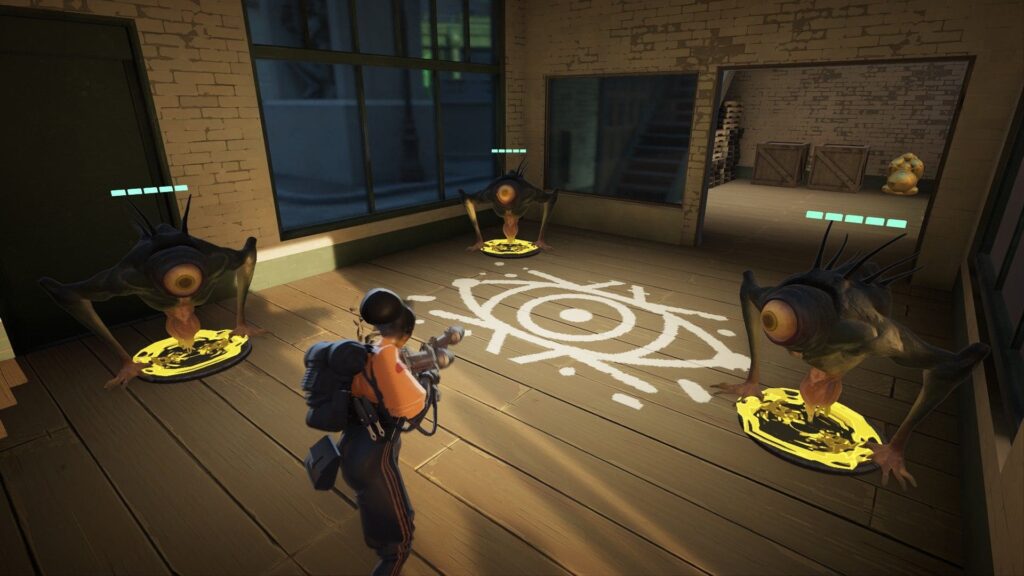 Player in Deadlock faces off against three eye-like creatures inside a building