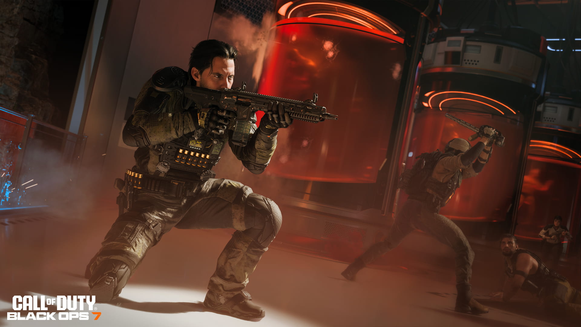 Operator aiming rifle during an intense firefight in Call of Duty: Black Ops 7 campaign scene