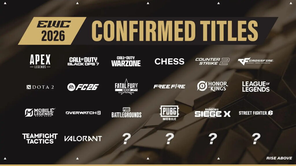 Logos of all confirmed games for the Esports World Cup 2026, including Apex Legends, Counter-Strike 2, Dota 2, VALORANT, League of Legends, and more
