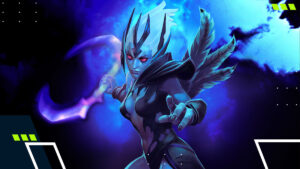 Artwork of Vengeful Spirit from Dota 2, glowing with ethereal energy against a stormy blue sky backdrop