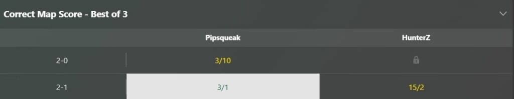 Esports live betting screen showing correct map score odds for a Dota 2 best-of-three match between Pipsqueak and HunterZ