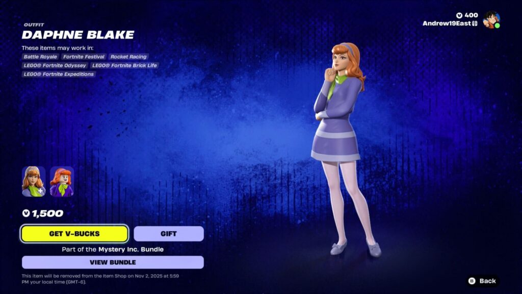 Character selection screen in Fortnite featuring Daphne Blake