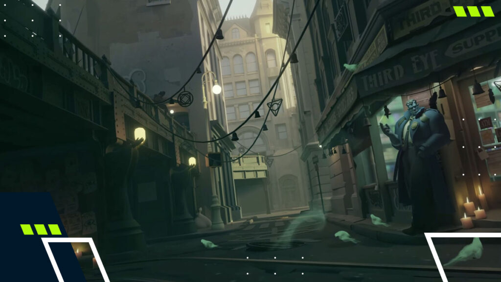 A foggy street from Deadlock featuring eerie lights and a mysterious figure