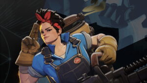 Confident Deadlock character in overalls and gloves holding a tool with a smirk