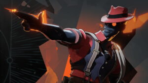 Stylish Deadlock character in red hat and coat aiming with glowing hand