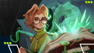 Glasses-wearing mage from Deadlock casting green magic with an open book