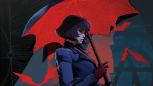 Dark-haired vampire from Deadlock with red umbrella and bats flying around