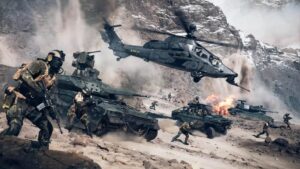 Soldiers, tanks, and a helicopter clash in a large-scale fight from Battlefield 6