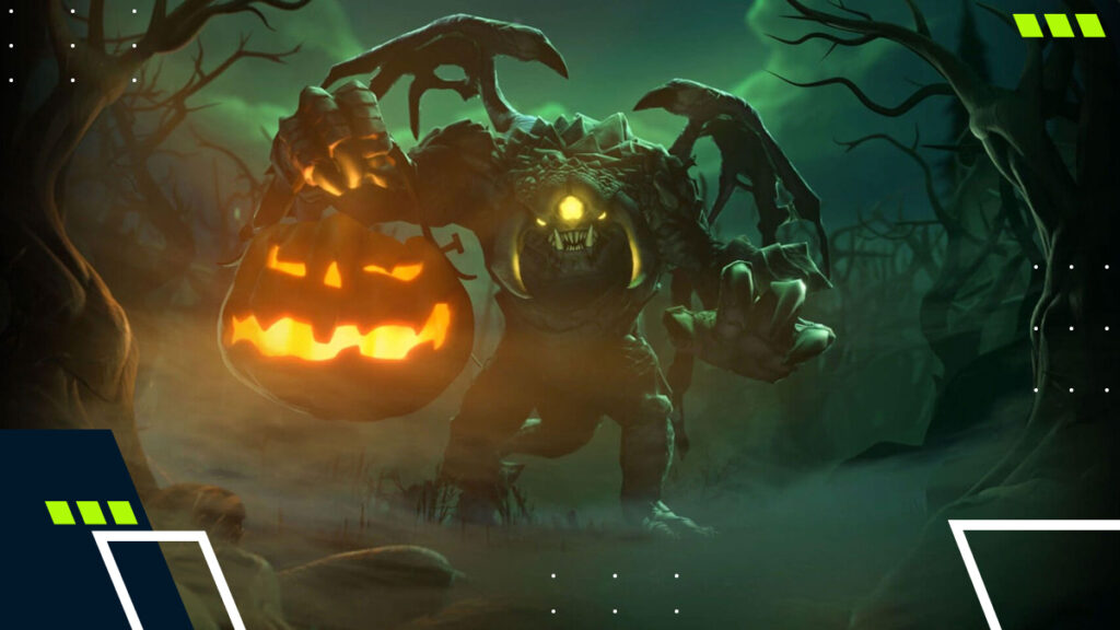 Roshan from Dota 2 emerging through fog with a glowing pumpkin during the Diretide event