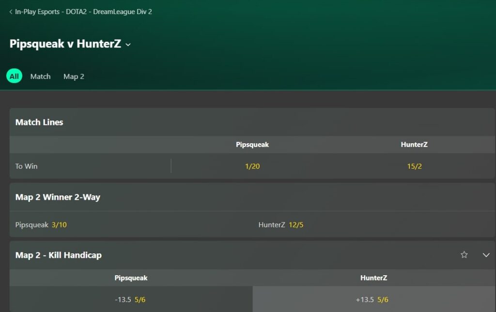 Live betting screen showing Dota 2 match odds between Pipsqueak and HunterZ on Bet365