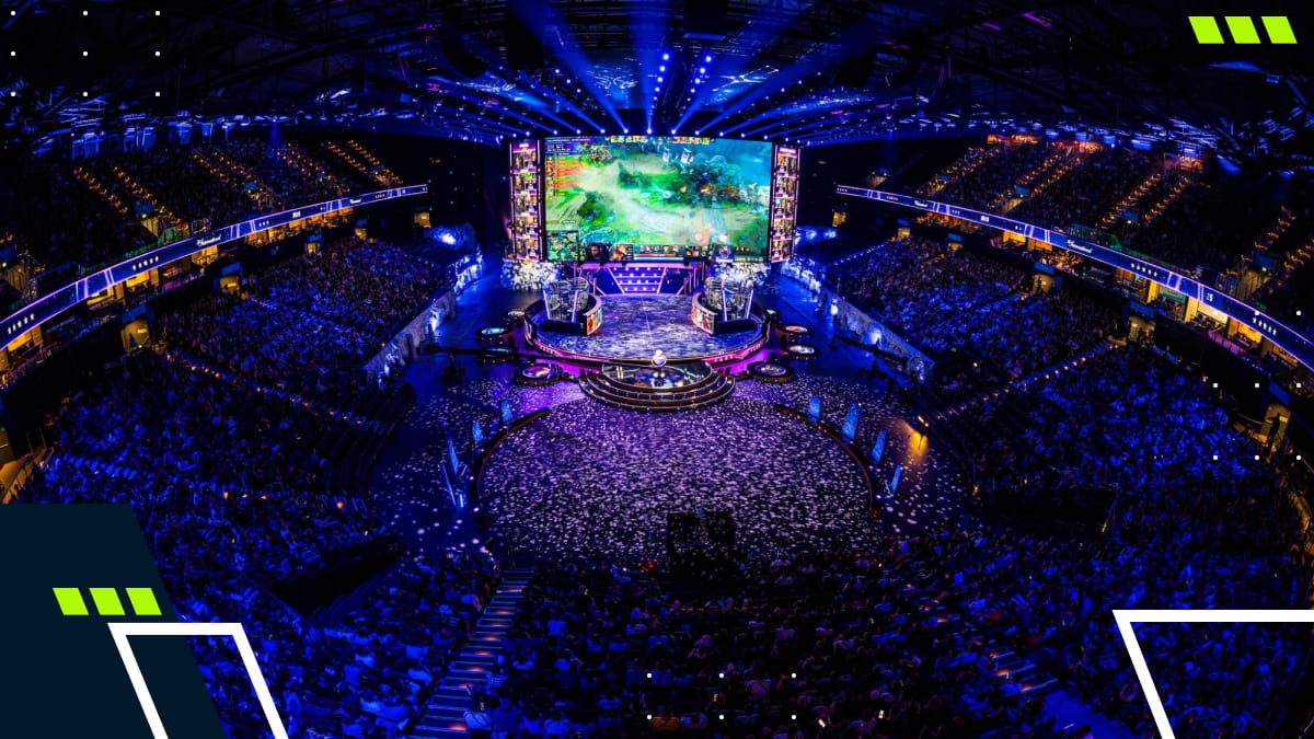 Packed arena watching Dota 2 The International 2025 grand finals on massive stage screens