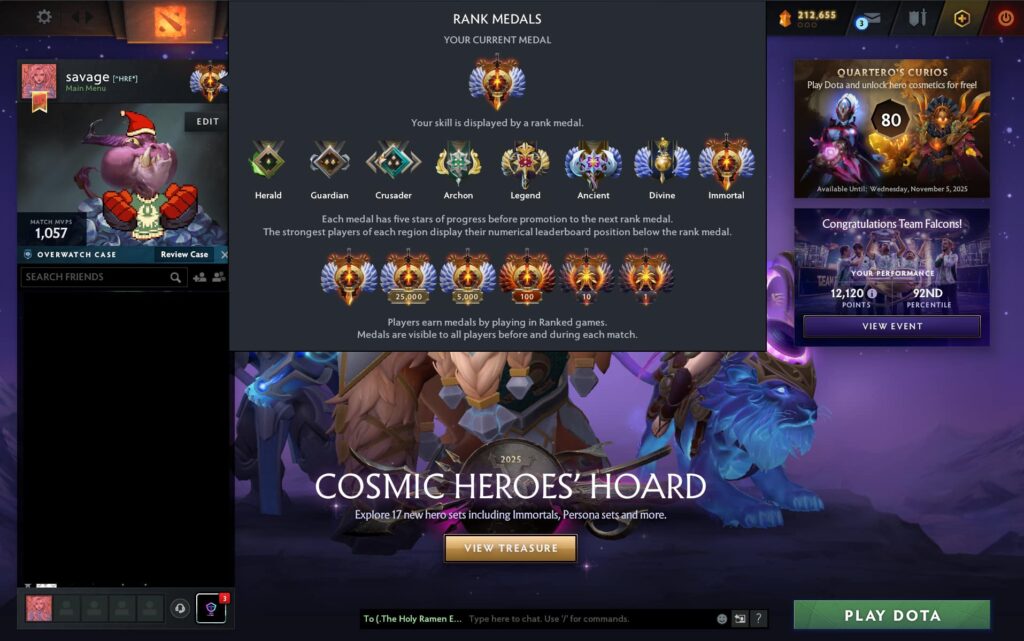 The Dota 2 rank medal progression screen showing all tiers up to Immortal