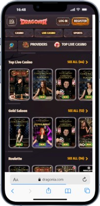 Mobile screenshot showing the Dragonia Canada online casino homepage