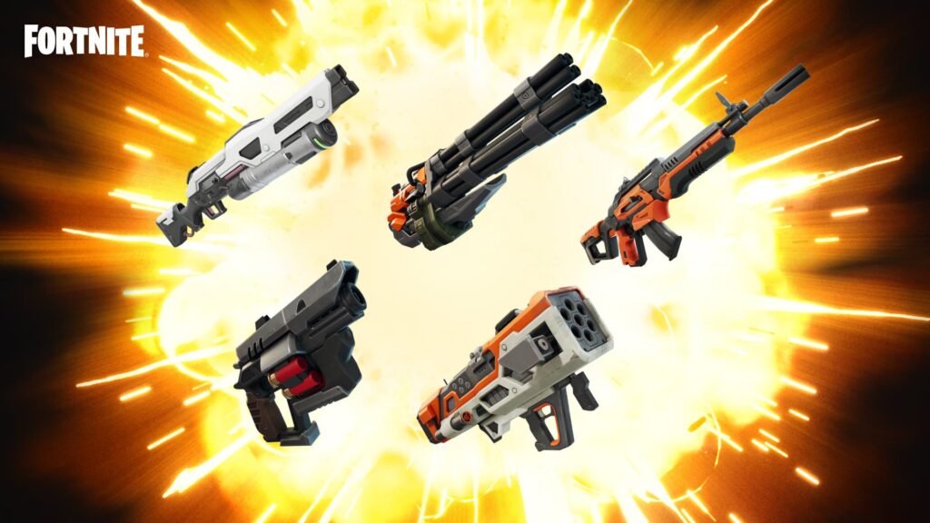Explosive Fortnite image of five detailed weapons, including a shotgun and rifle