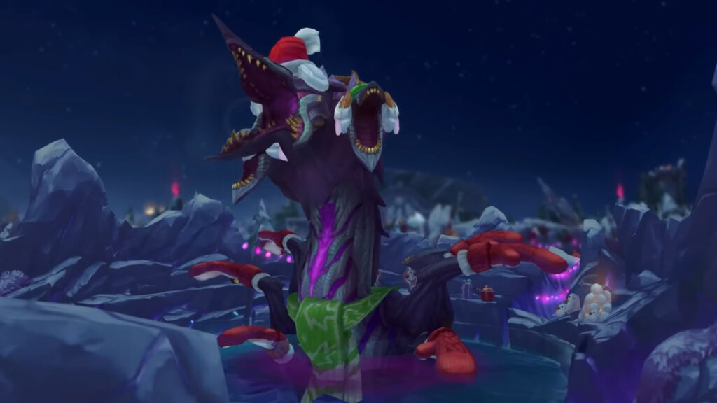 Baron Nashor wearing holiday accessories in League of Legends Winter Map