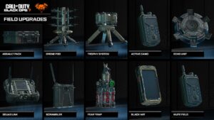 Collection of field upgrade gadgets in Call of Duty Black Ops 7 including assault pack, drone pod, trophy system, active camo, and more