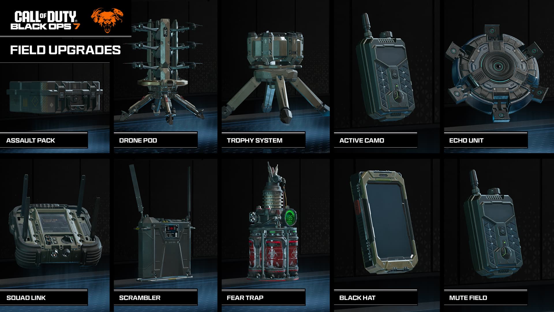 Collection of field upgrade gadgets in Call of Duty Black Ops 7 including assault pack, drone pod, trophy system, active camo, and more