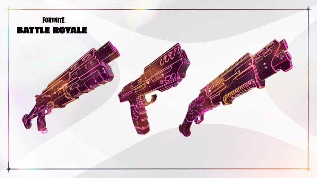 Fortnite Battle Royale image showing three neon-outlined futuristic weapons on a white background