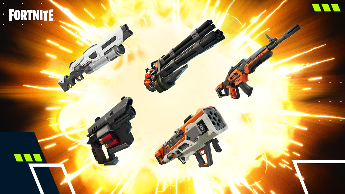 Collection of Fortnite guns including rifles, shotguns, and heavy weapons displayed against an explosive background