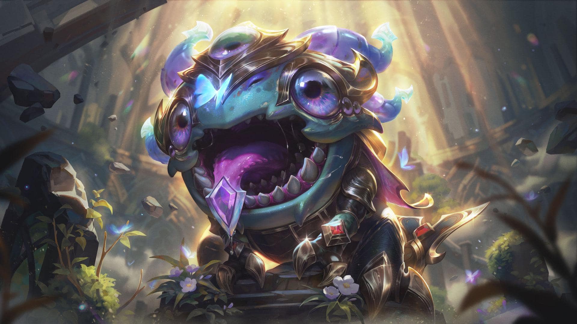 League of Legends skin artwork featuring a jeweled creature with glowing armor and crystals