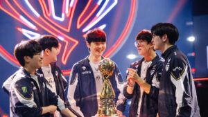 Gen.G League of Legends team celebrating with the championship trophy on stage