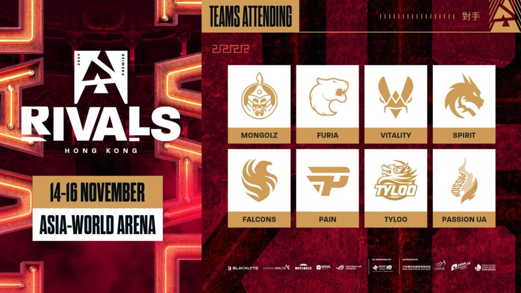 Esports event poster for RIVALS in Hong Kong, featuring logos and names of eight attending teams