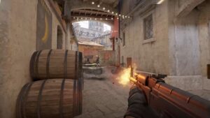 Player firing down Banana toward Bombsite B in Counter-Strike 2’s Inferno map