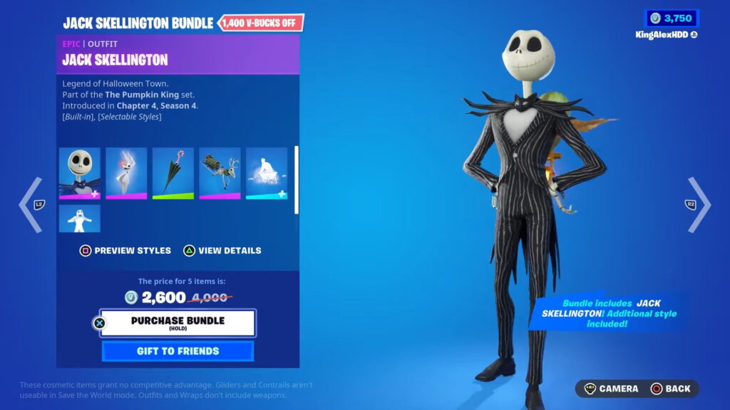 Fortnite store screen showcasing the Jack Skellington Bundle