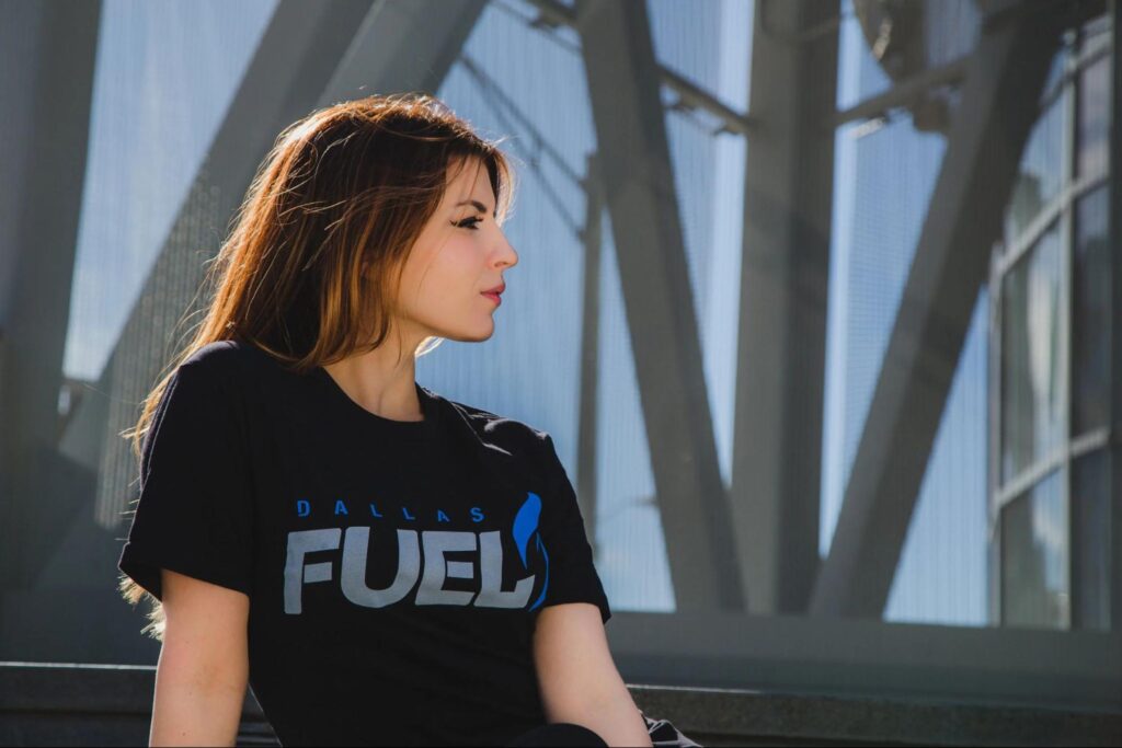 Katherine Mystik Gunn wearing Dallas Fuel esports team shirt outdoors