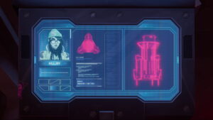 Killjoy from VALORANT analyzing a device schematic on a high-tech digital interface display
