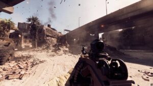 Battlefield 6 Support player aiming an LMG in a destroyed urban combat zone