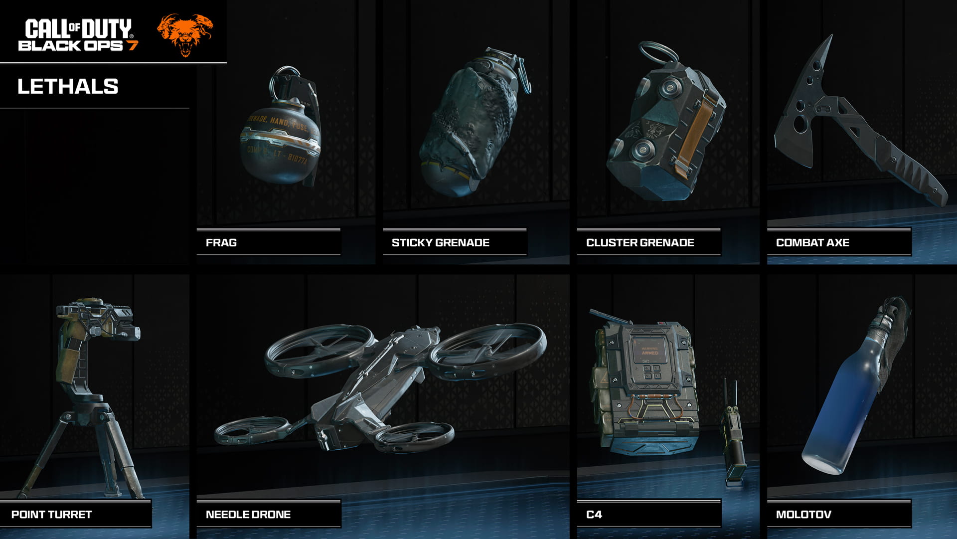 Selection of lethal equipment in Call of Duty Black Ops 7 including grenades, combat axe, turret, drone, C4, and Molotov