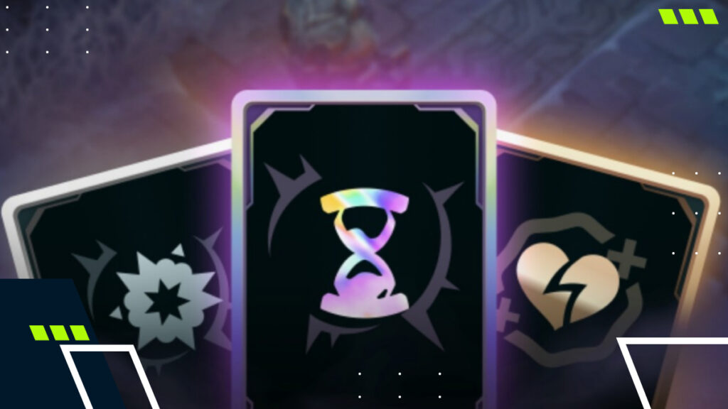 A close-up of three LoL ARAM Mayhem cards with neon accents and symbols