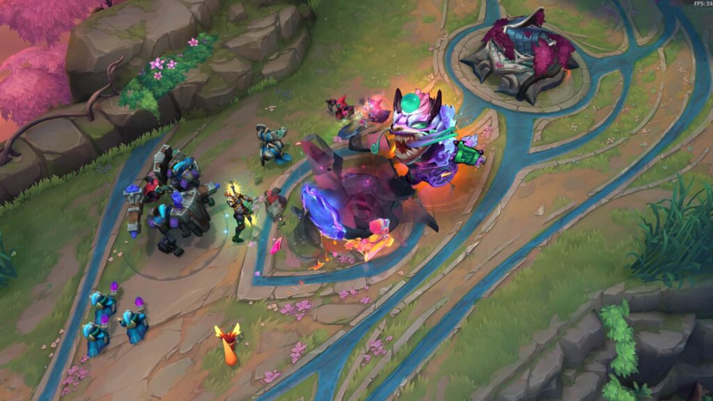 LoL ARAM Mayhem battle scene featuring robotic characters and vehicles