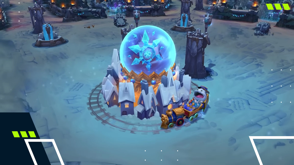 Snow-covered Nexus with a toy train in League of Legends Winter Map