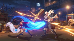 Ahri unleashing a powerful blue energy attack against Braum in 2XKO under the moonlit city backdrop