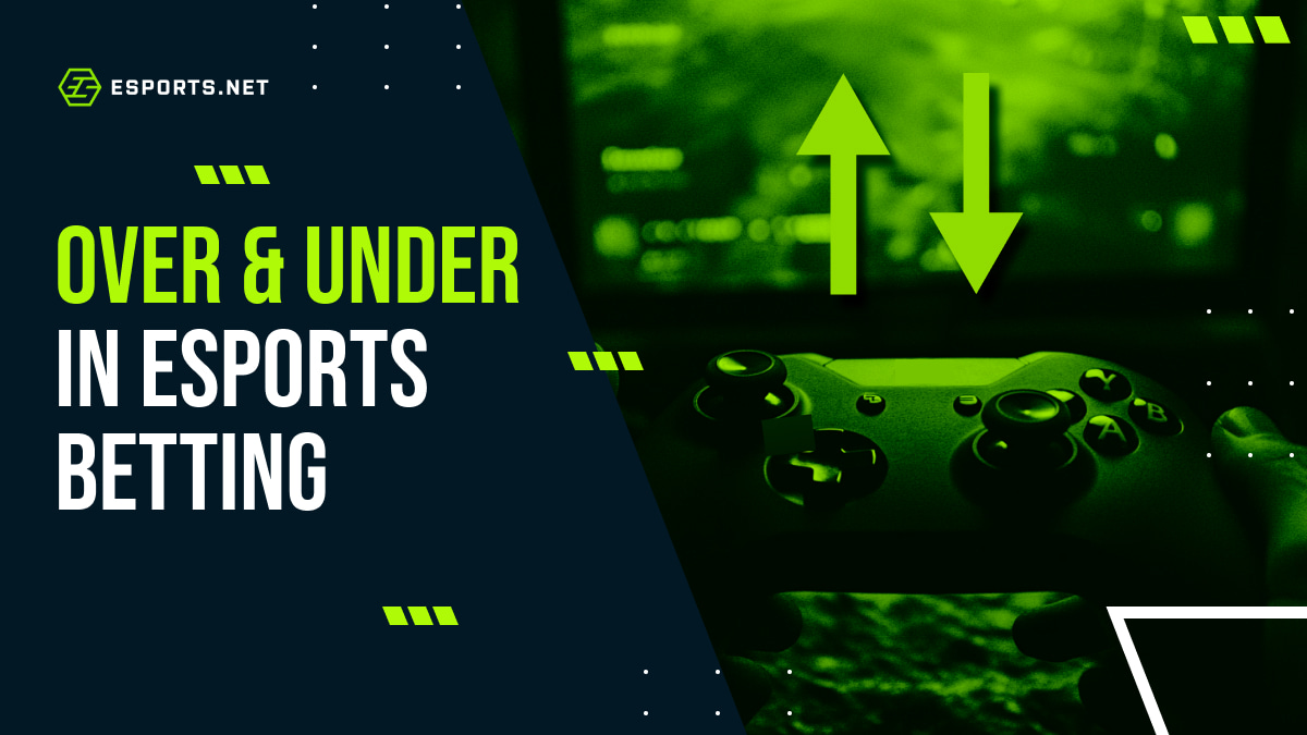 A video game controller sits in front of a blurred screen, highlighted in green. Text reads "Over & Under in Esports Betting"