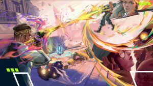 Intense firefight between duelists during the VALORANT Champions 2025 event, showcasing vibrant ability effects