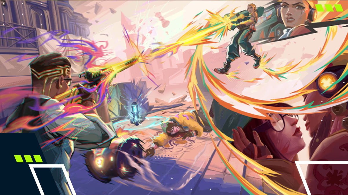 Intense firefight between duelists during the VALORANT Champions 2025 event, showcasing vibrant ability effects