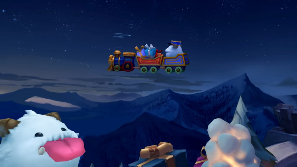 Flying toy train with gifts and a poro from League of Legends Winter Map scene