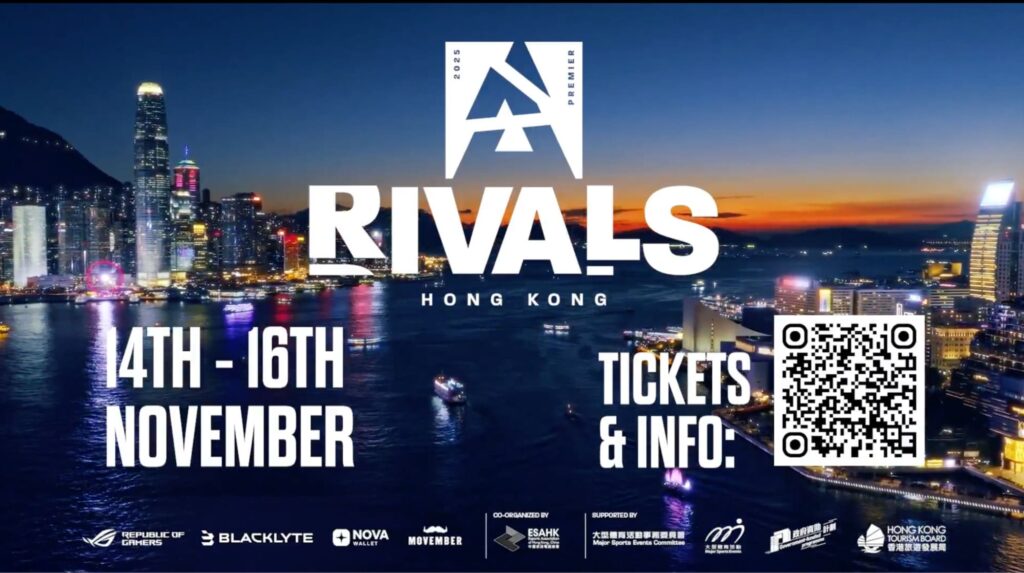 City skyline at dusk with illuminated skyscrapers reflecting on the water. Text reads "Rivals Hong Kong, 14th-16th November"