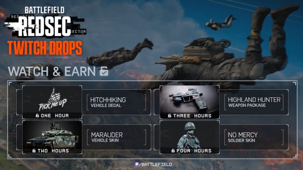 Battlefield REDSEC Twitch Drops chart showing watch-time rewards and exclusive cosmetics