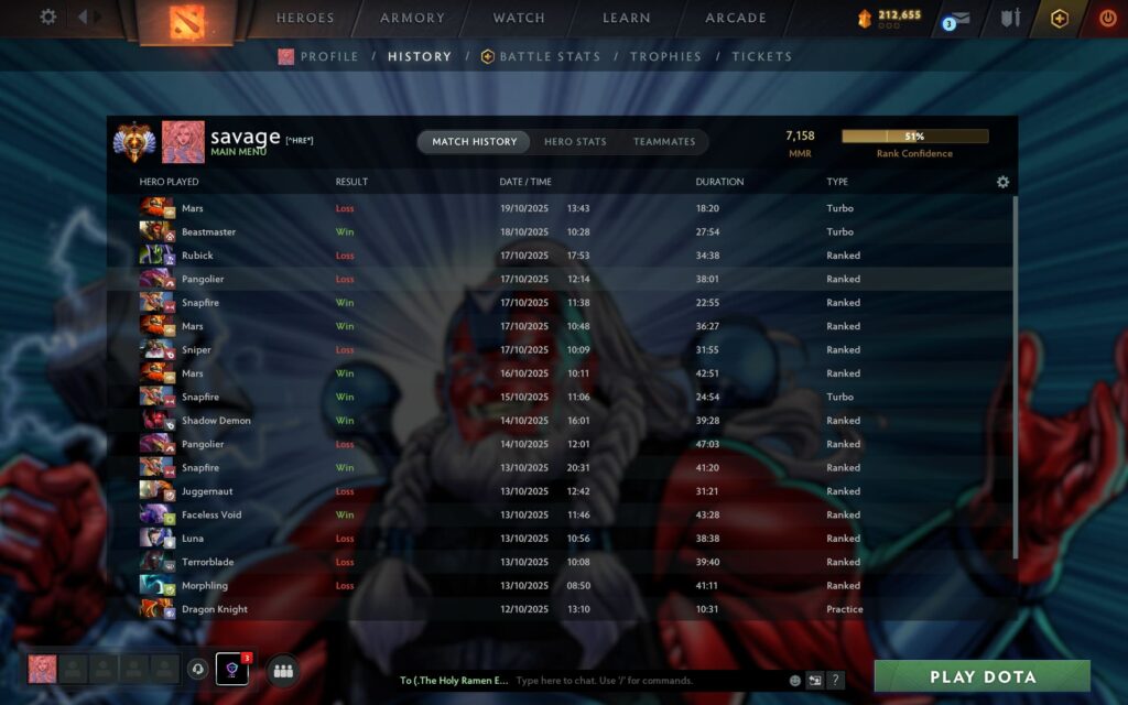 A Dota 2 player’s match history screen showing recent ranked games, heroes played, and MMR