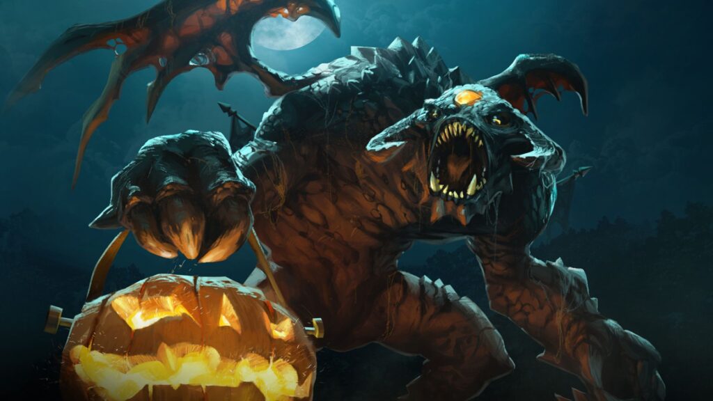 Roshan from Dota 2 roaring under the moonlight while holding a glowing Halloween pumpkin.